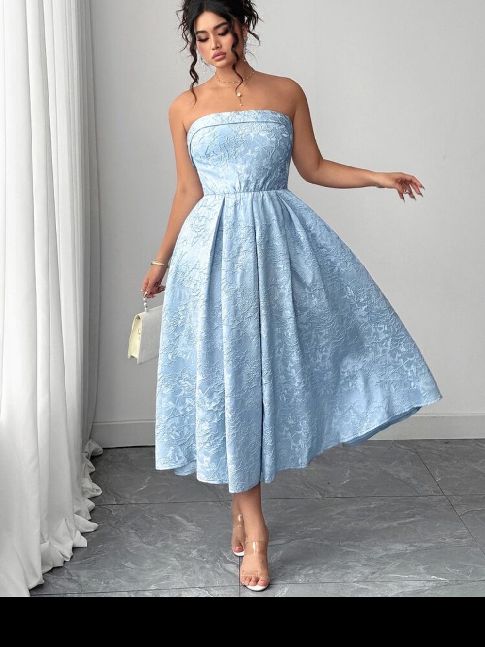 SHEIN Light Blue Strapless Jacquard Midi Dress